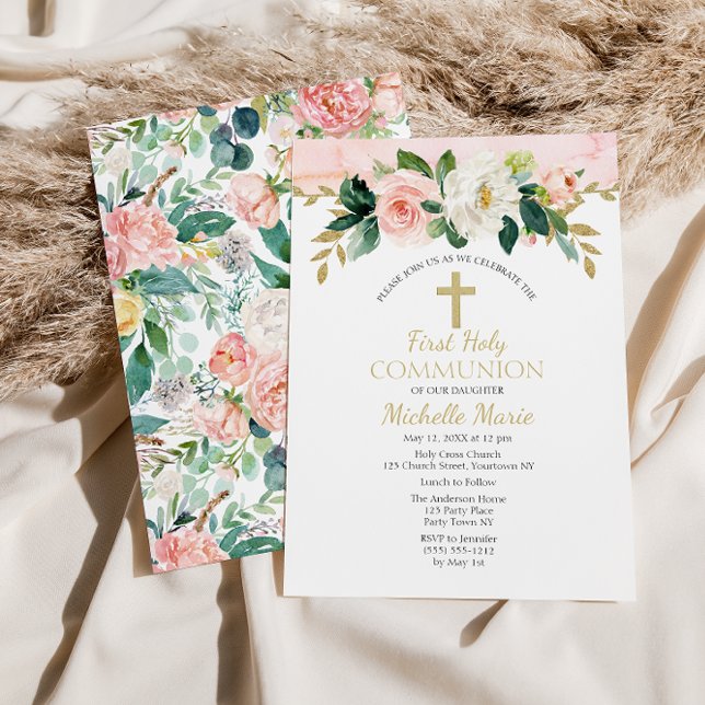Rosa Guld Blommigt Kor Första Heligan Kommunice Gi Inbjudningar (Skapare uppladdad)