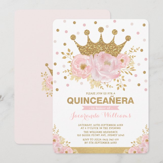  Rosa Guld Blommigt Krona Princess Quinceañera Inbjudningar (Fram/baksida)
