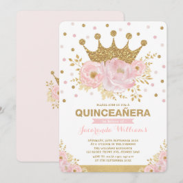  Rosa Guld Blommigt Krona Princess Quinceañera Inbjudningar