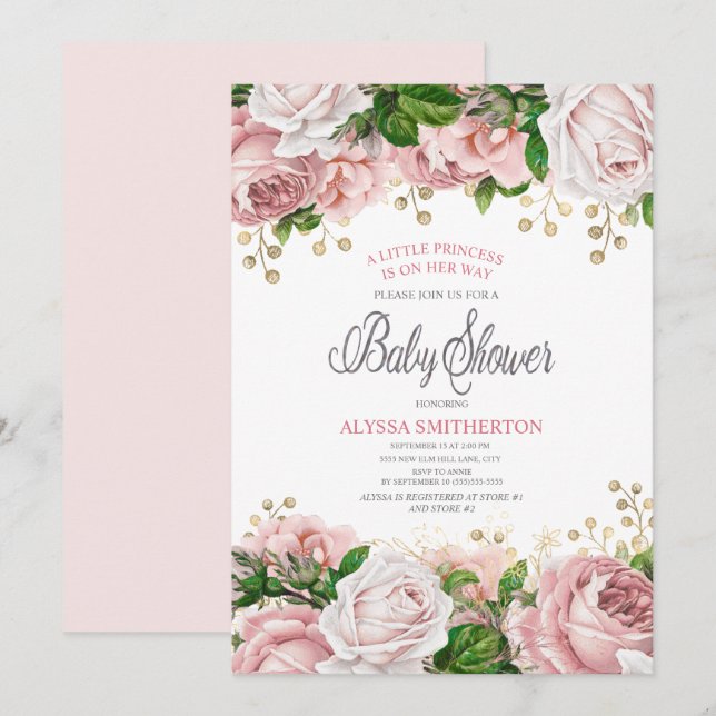  Rosa Guld Blommigt Little Girl Baby Shower Inbjudningar (Fram/baksida)