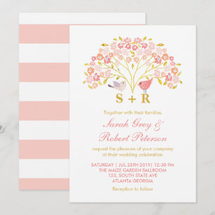 Rosa Guld Blommigt Love Bird Wedding bjudande Inbjudningar