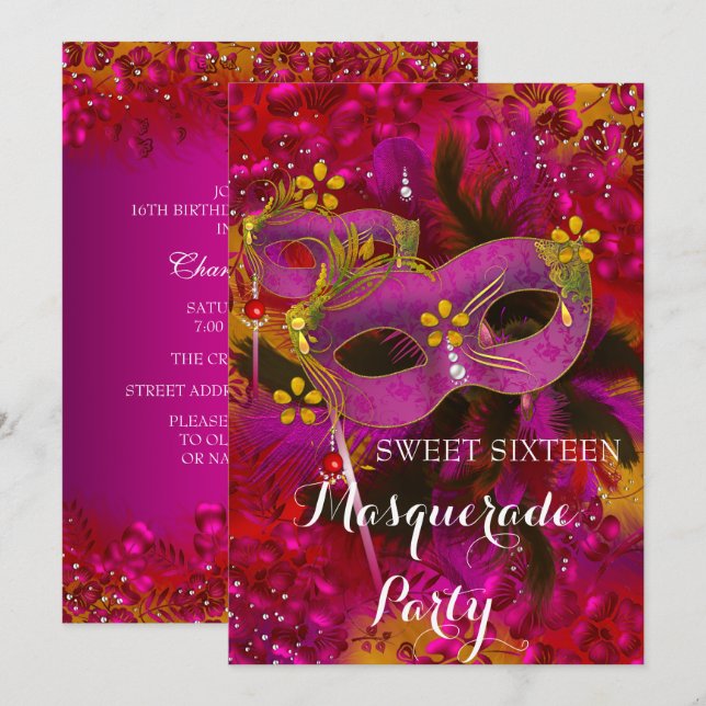 Rosa Guld Blommigt Masquerad Sweet 16 Party Inbjudningar (Fram/baksida)