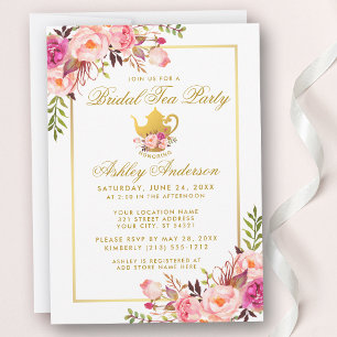 Rosa Guld Blommigt Möhippa Tea Party Inbjudan