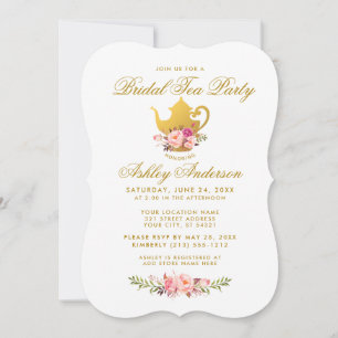 Rosa Guld Blommigt Möhippa Tea Party Inbjudan B