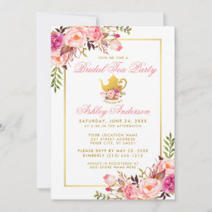 Rosa Guld Blommigt Möhippa Tea Party Inbjudan P
