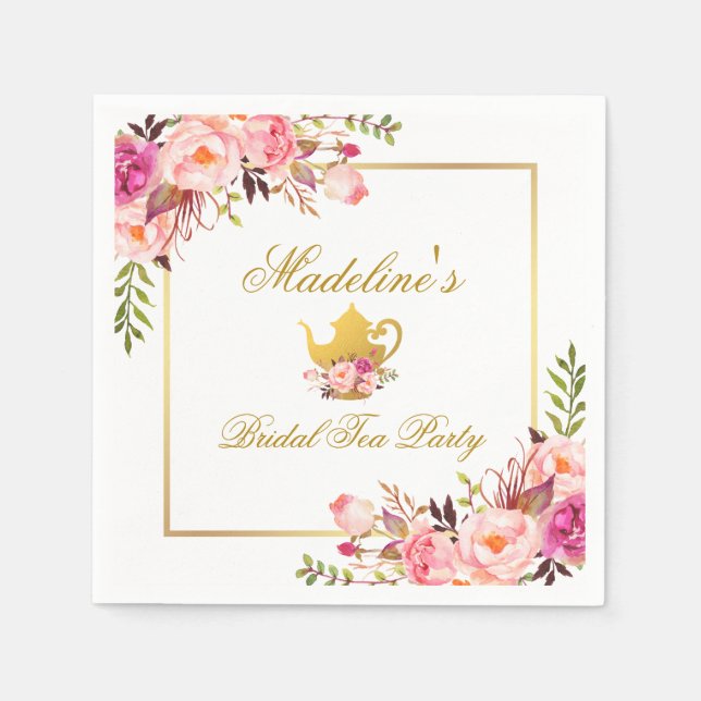 Rosa Guld Blommigt Möhippa Tea Party Pappersservett (Framsidan)