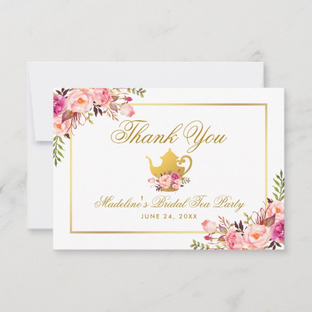 Rosa Guld Blommigt Möhippa Tea Party Tack Inbjudningar (Framsida)