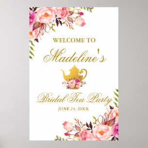 Rosa Guld Blommigt Möhippa Tea Party Välkommen L Poster