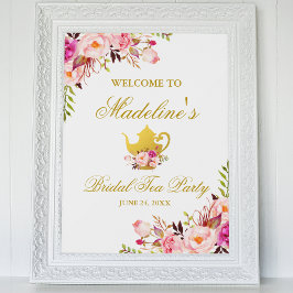Rosa Guld Blommigt Möhippa Tea Party Välkommen Poster