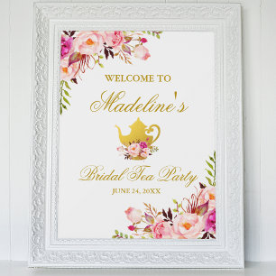Rosa Guld Blommigt Möhippa Tea Party Välkommen Poster