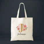Rosa Guld Blommigt Monogram Brev ’J’ Tygkasse<br><div class="desc">En vacker,  feminin monogrammad rosa-blommigt i säcken med rosa blommor och faux guld monogram brev ’J’. Anpassa väskan genom att lägga till ditt namn under monogrammet. Gör en roligt till en vän eller till en brud gåva. Designad av Blackberry Boulevard.</div>