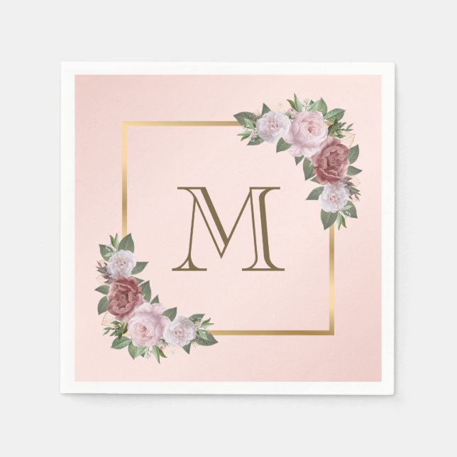  Rosa Guld Blommigt Monogram Bröllop Napkins Pappersservett (Framsidan)