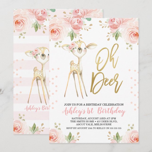Rosa Guld Blommigt Oh Hjort Birthday-inbjudan Inbjudningar (Fram/baksida)