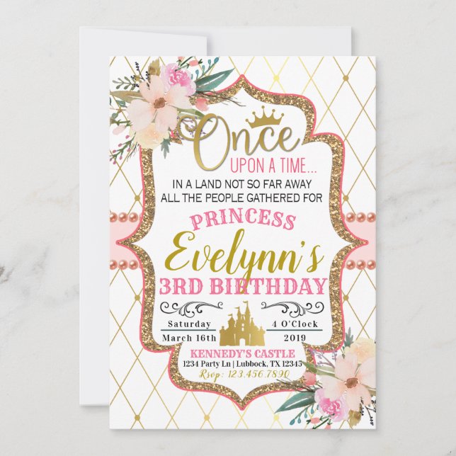 Rosa Guld Blommigt Princess Birthday bjudande Inbjudningar (Framsida)