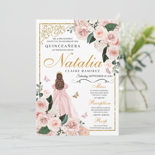  Rosa Guld Blommigt Princess Quinceanera Inbjudningar (Stående Fram)