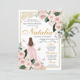  Rosa Guld Blommigt Princess Quinceanera Inbjudningar
