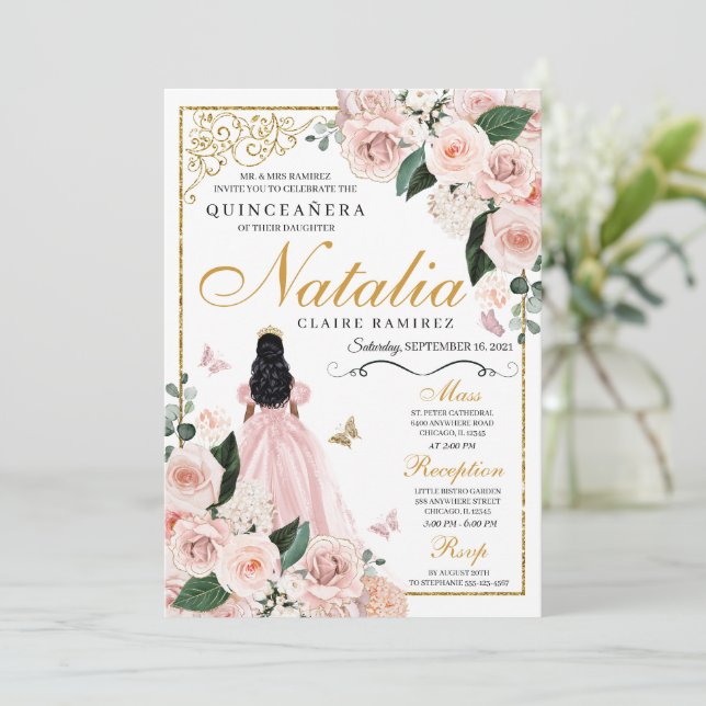  Rosa Guld Blommigt Princess Quinceanera Inbjudningar (Stående Fram)