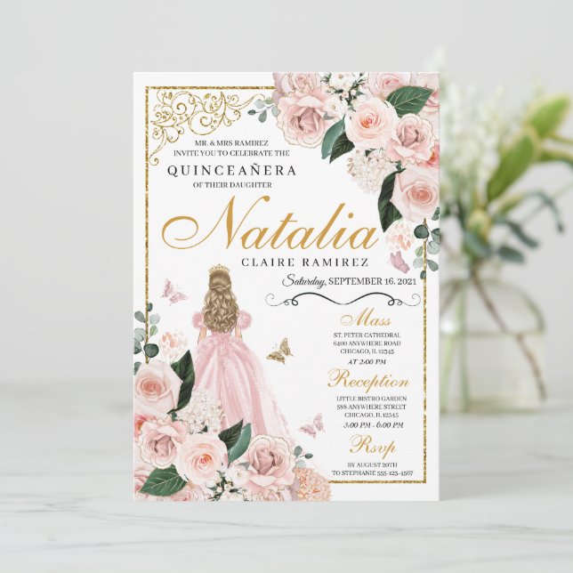  Rosa Guld Blommigt Princess Quinceanera Inbjudningar (Stående Fram)