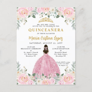 Rosa Guld Blommigt Princess Quinceañera Vykort