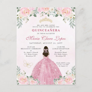 Rosa Guld Blommigt Princess Tiara Quinceañera Inbjudan Vykort