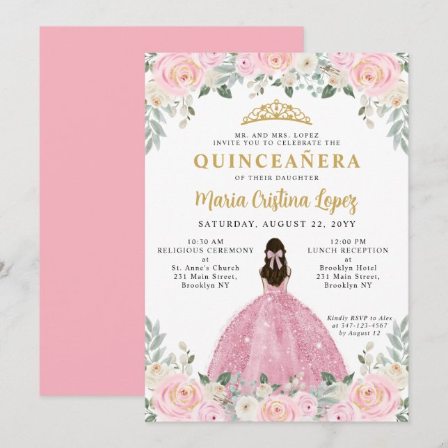 Rosa Guld Blommigt Princess Tiara Quinceañera Inbjudningar (Fram/baksida)
