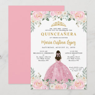 Rosa Guld Blommigt Princess Tiara Quinceañera Inbjudningar