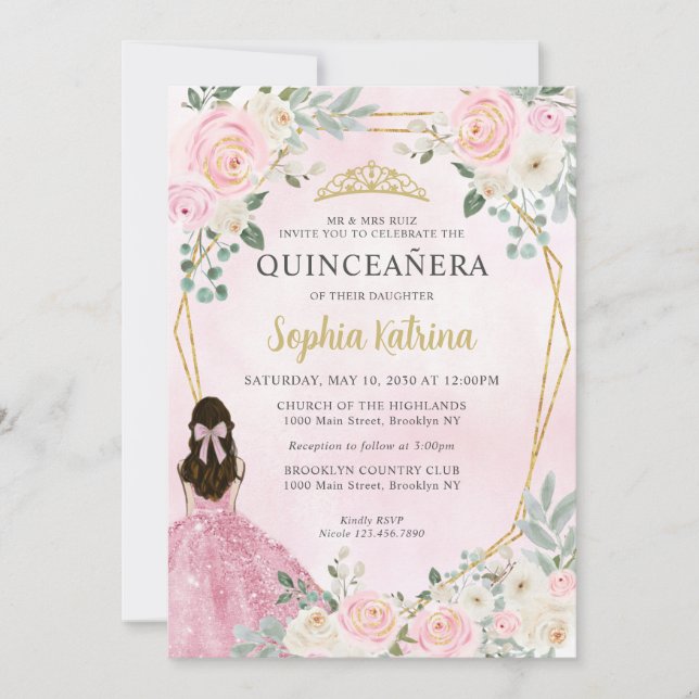  Rosa Guld Blommigt Princess Tiara Quinceañera Inbjudningar (Framsida)