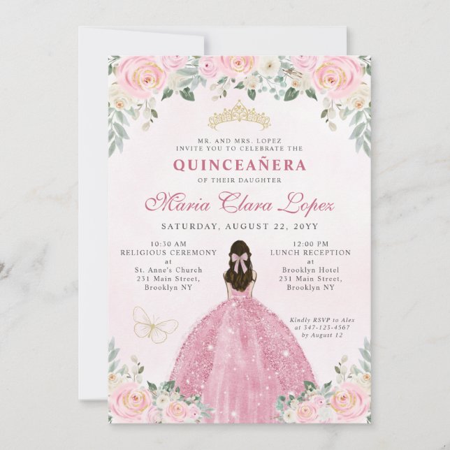  Rosa Guld Blommigt Princess Tiara Quinceañera Inbjudningar (Framsida)