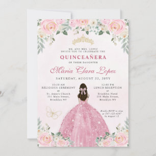Rosa Guld Blommigt Princess Tiara Quinceañera Inbjudningar