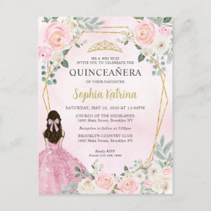Rosa Guld Blommigt Princess Tiara Quinceañera Vykort