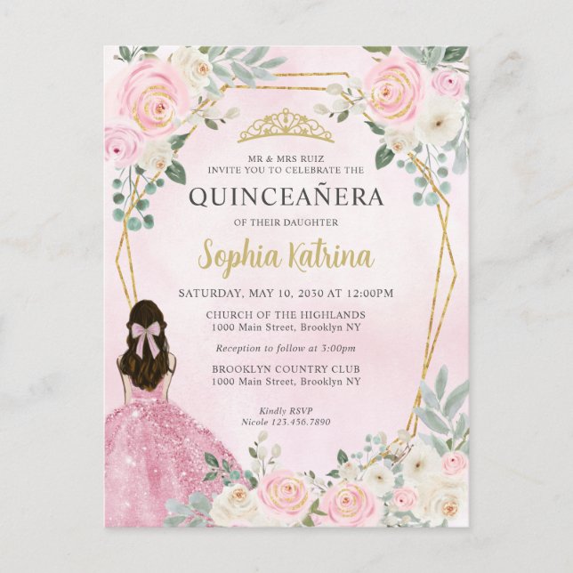  Rosa Guld Blommigt Princess Tiara Quinceañera Vykort (Framsida)