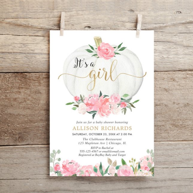 Rosa guld blommigt pumpa Det är en flickdusch. Inbjudningar (Skapare uppladdad)