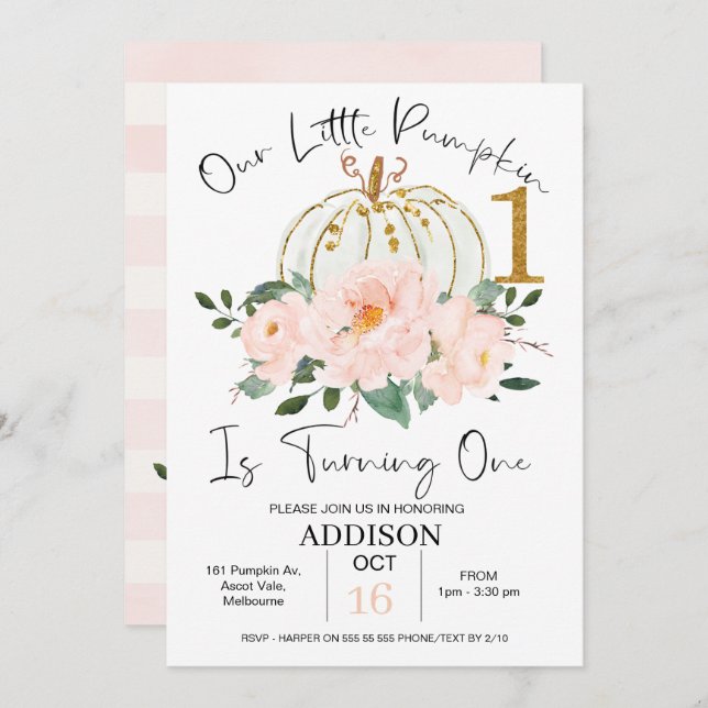 Rosa Guld Blommigt Pumpkin 1:a födelsedagsinbjudan Inbjudningar (Fram/baksida)