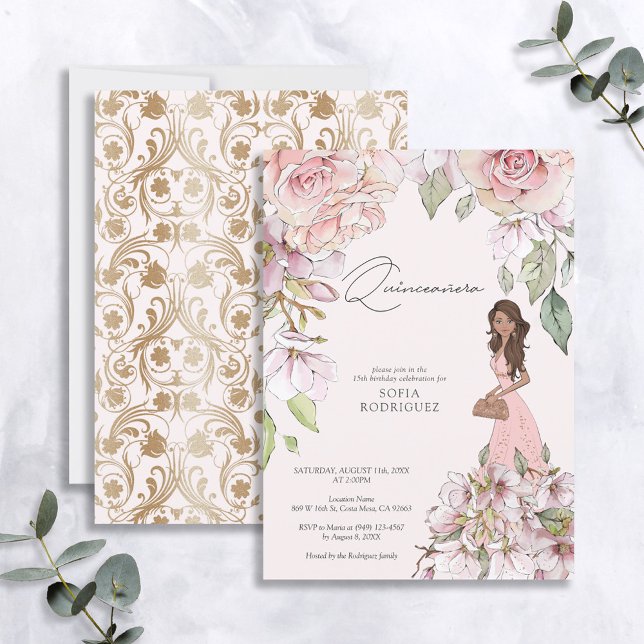  Rosa Guld Blommigt Quinceañera 15:e födelsedagen Inbjudningar (Skapare uppladdad)