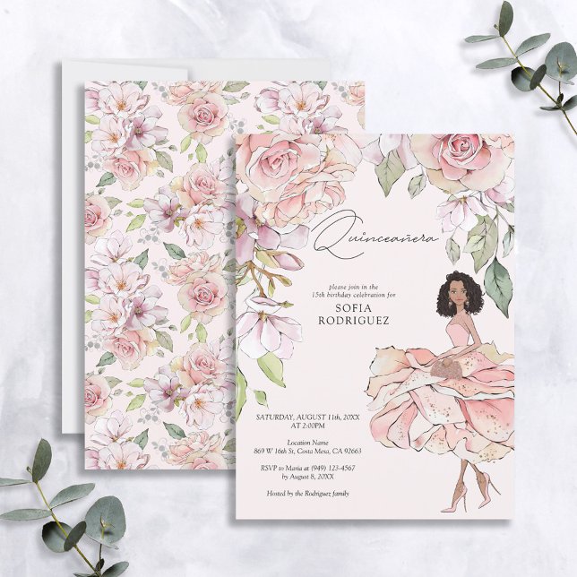  Rosa Guld Blommigt Quinceañera 15:e födelsedagen Inbjudningar (Skapare uppladdad)