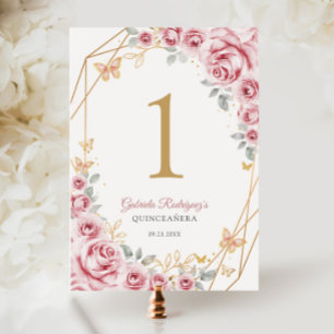 Rosa Guld Blommigt Quinceanera Bordsnummer