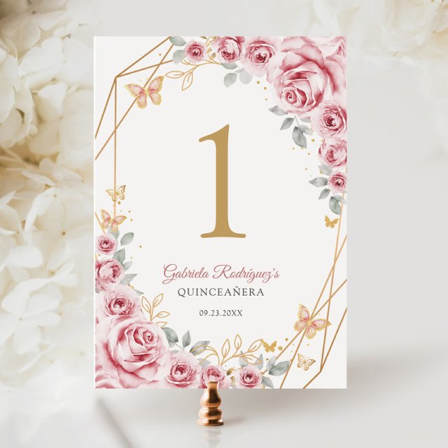 Rosa Guld Blommigt Quinceanera Bordsnummer (Skapare uppladdad)