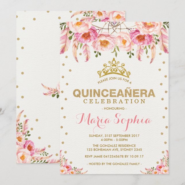 Rosa Guld Blommigt Quinceañera Feminine Dreamcatch Inbjudningar (Fram/baksida)