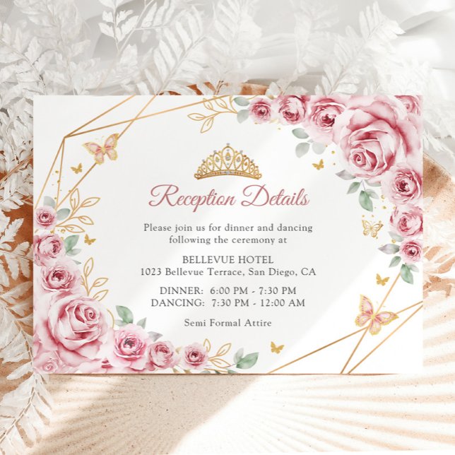Rosa Guld Blommigt Quinceanera-information Tilläggskort (Skapare uppladdad)
