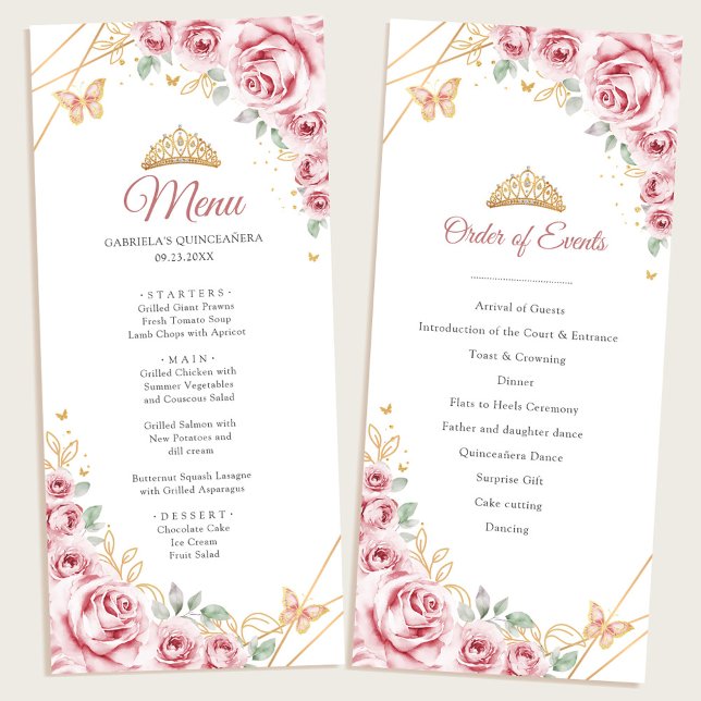 Rosa Guld Blommigt Quinceanera Program Menu (Skapare uppladdad)