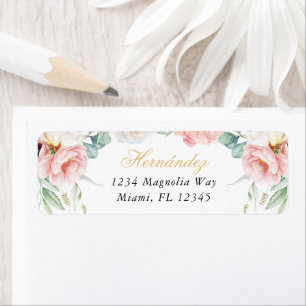 Rosa & Guld Blommigt Quinceañera Returadress Etikett