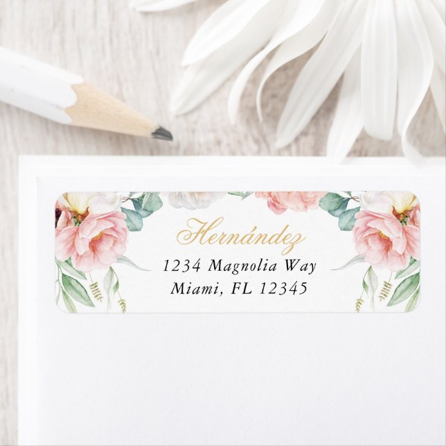 Rosa & Guld Blommigt Quinceañera Returadress Returadress Etikett (Insitu)