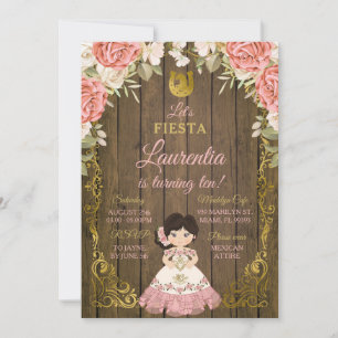 Rosa & Guld Blommigt Ro Sweet Girl Wood Birthday Inbjudningar