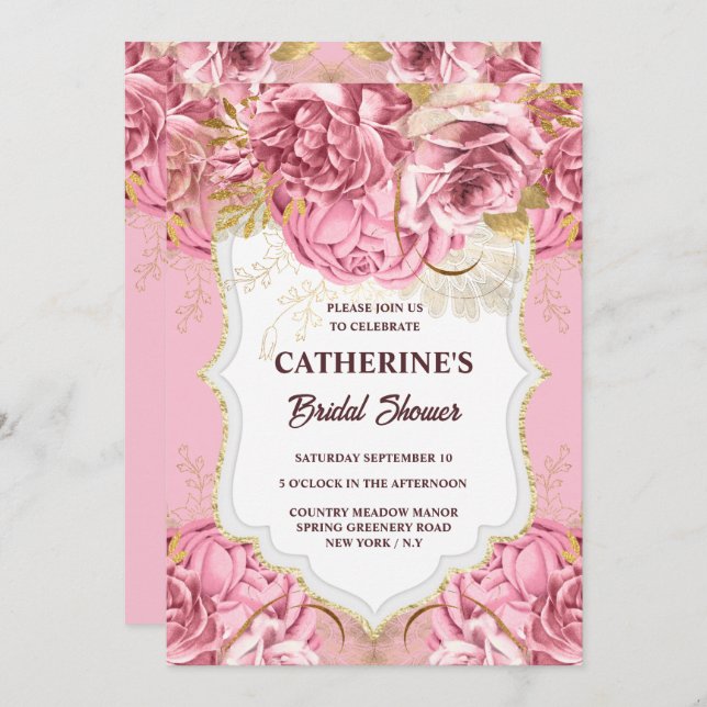 Rosa guld blommigt ro, tropisk party inbjudningar (Fram/baksida)
