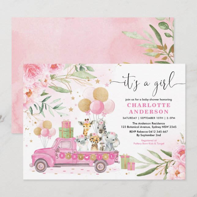 Rosa Guld Blommigt Safari Animals Baby Shower Inbjudningar (Fram/baksida)