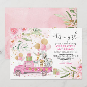 Rosa Guld Blommigt Safari Animals Baby Shower Inbjudningar