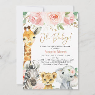 Rosa Guld Blommigt Safari Animals Baby Shower Inbjudningar