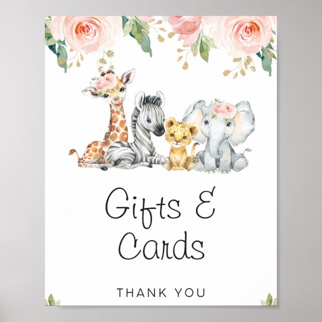 Rosa Guld Blommigt Safari Baby Shower Sign Sign Poster (Framsidan)