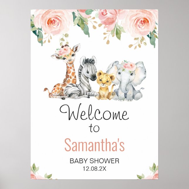Rosa Guld Blommigt Safari Baby Shower Välkomstskyl Poster (Framsidan)