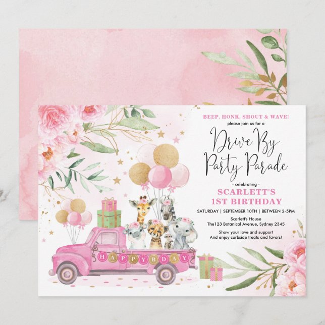 Rosa Guld Blommigt Safari Drive by Birthday Parad Inbjudningar (Fram/baksida)